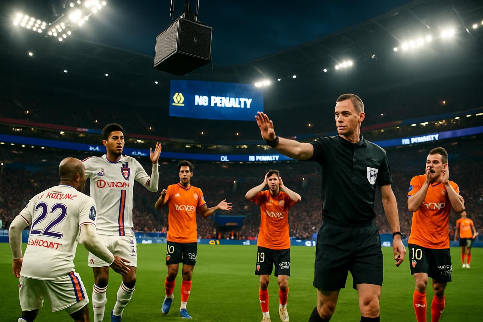 revivez en direct la première décision arbitrale de la saison en ligue 1 entre ol et lorient, avec une sonorisation qui met en lumière le verdict crucial : « pas de penalty ! ».