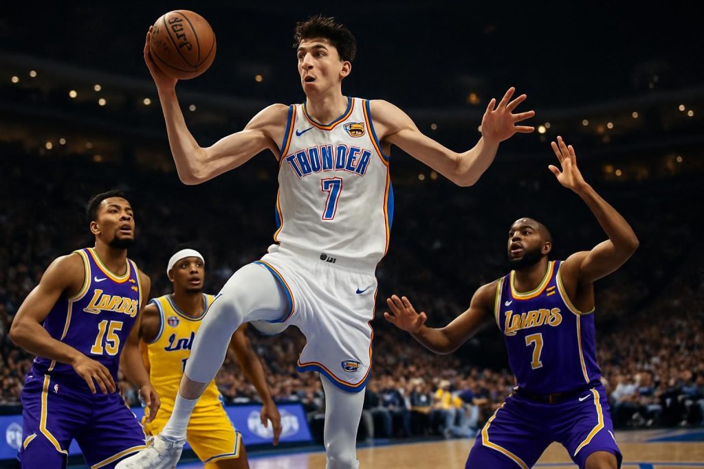 revivez la performance impressionnante de chet holmgren face aux lakers avec 24 points et 12 rebonds, illustrée en images captivantes.