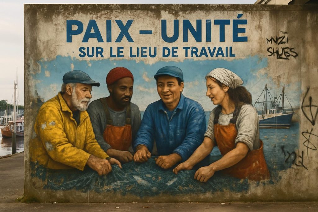 découvrez l'histoire de la fresque monumentale du port de pêche de lorient, symbole de paix et de cohésion, récemment victime de dégradations malgré son message fort : « dans notre travail, il n’y a pas de haine ».