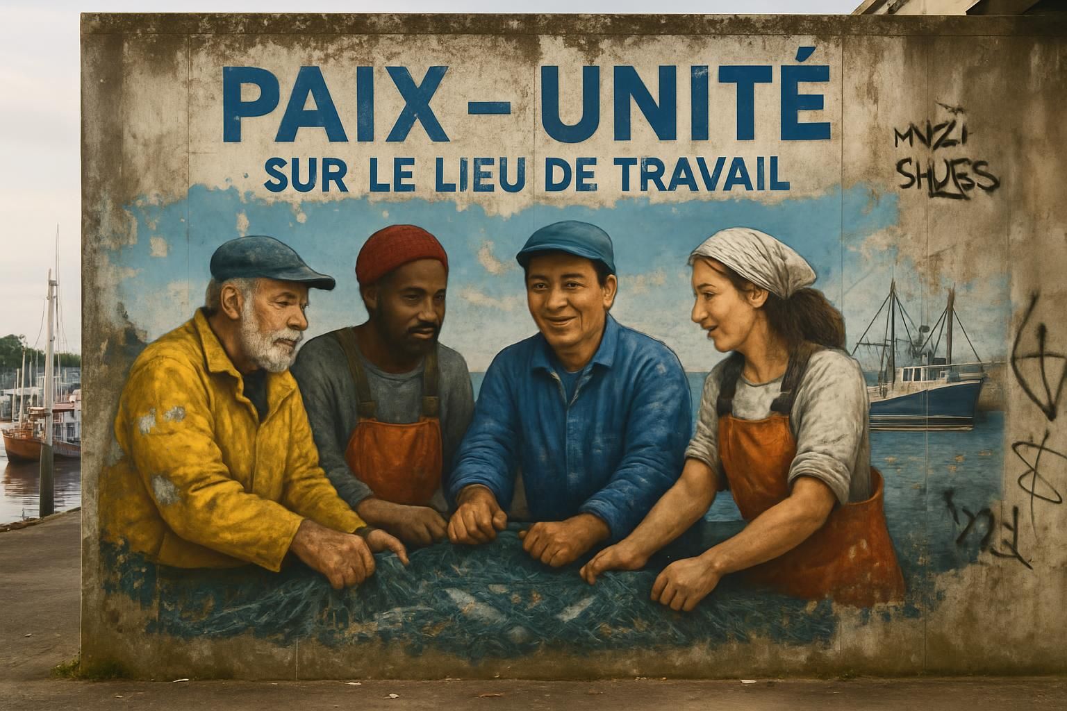 découvrez l'histoire de la fresque monumentale du port de pêche de lorient, symbole de paix et de cohésion, récemment victime de dégradations malgré son message fort : « dans notre travail, il n’y a pas de haine ».