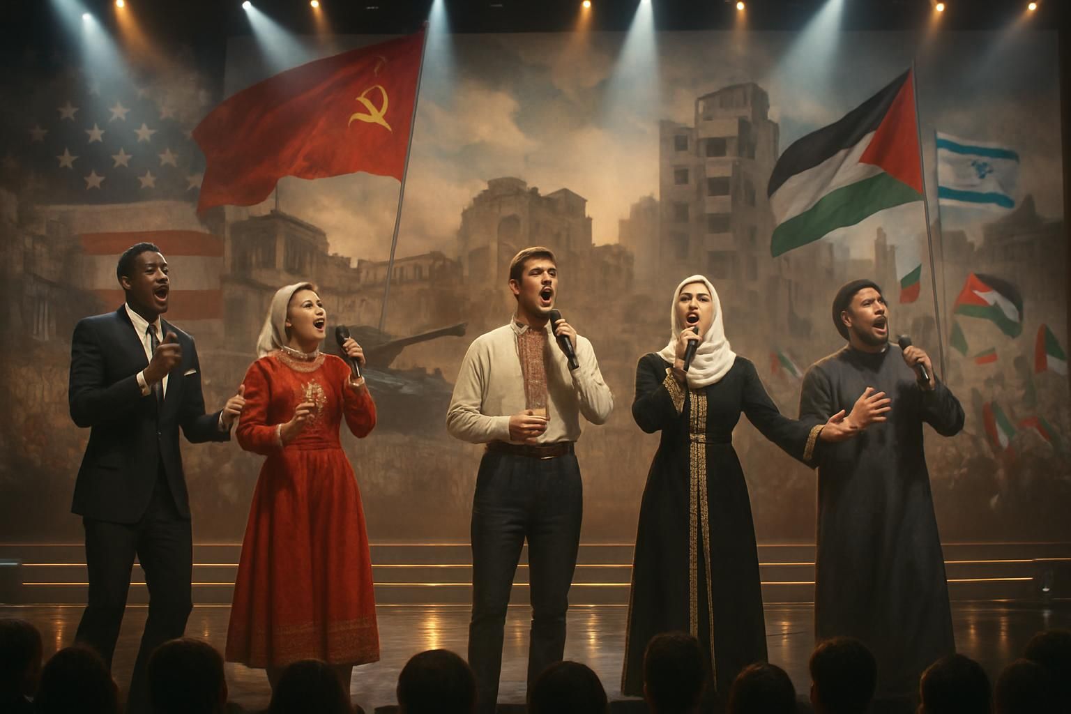 explorez soixante-dix ans de géopolitique chantée à l'eurovision, de la guerre froide aux conflits contemporains à gaza, à travers des chansons marquantes et engagées.