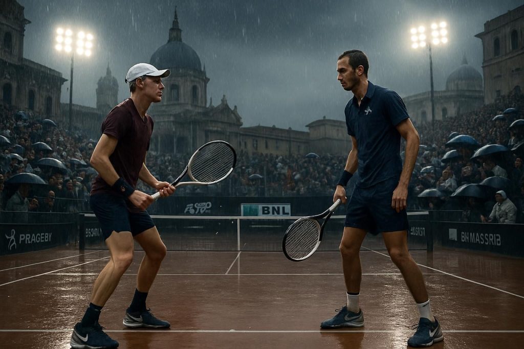 une pluie soudaine interrompt la demi-finale intense du masters 1000 de rome opposant jannik sinner à daniil medvedev, retardant la conclusion de ce match très attendu.