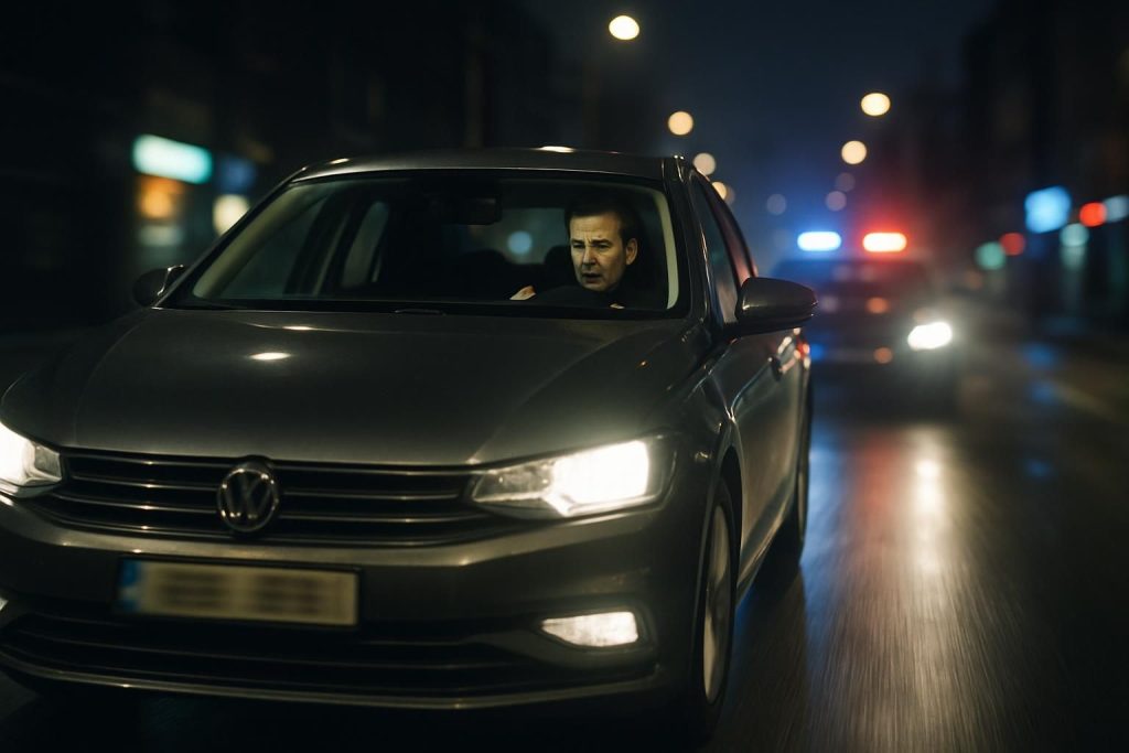un homme sans permis et en excès de vitesse tente d'échapper à la justice en usurpant l'identité de son frère jumeau, une affaire intrigante mêlant duplicité et poursuite judiciaire.