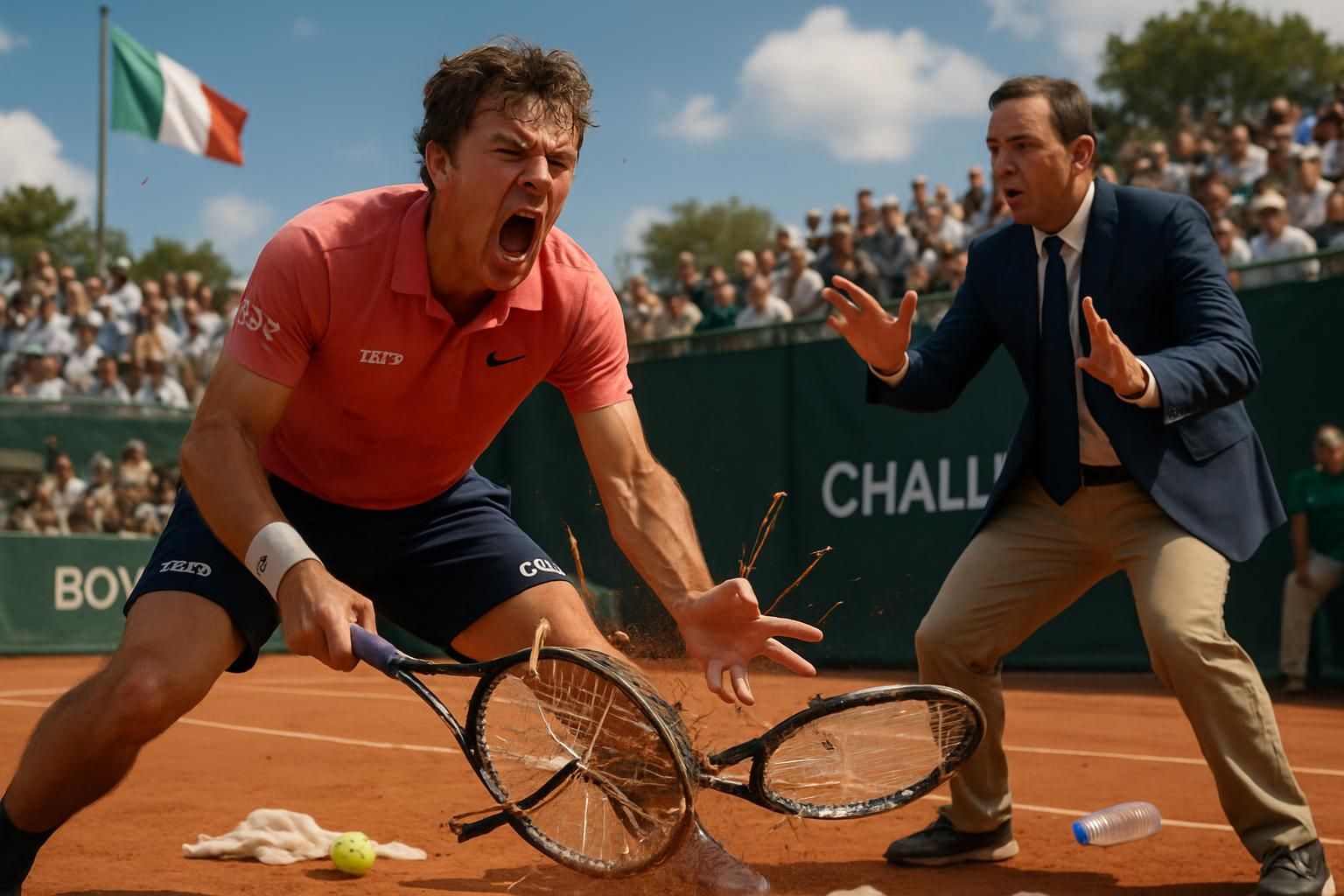 découvrez les moments intenses du match de tristan boyer lors d'un challenger en italie, marqué par des raquettes fracassées, des insultes à l'arbitre et un matériel fortement endommagé.
