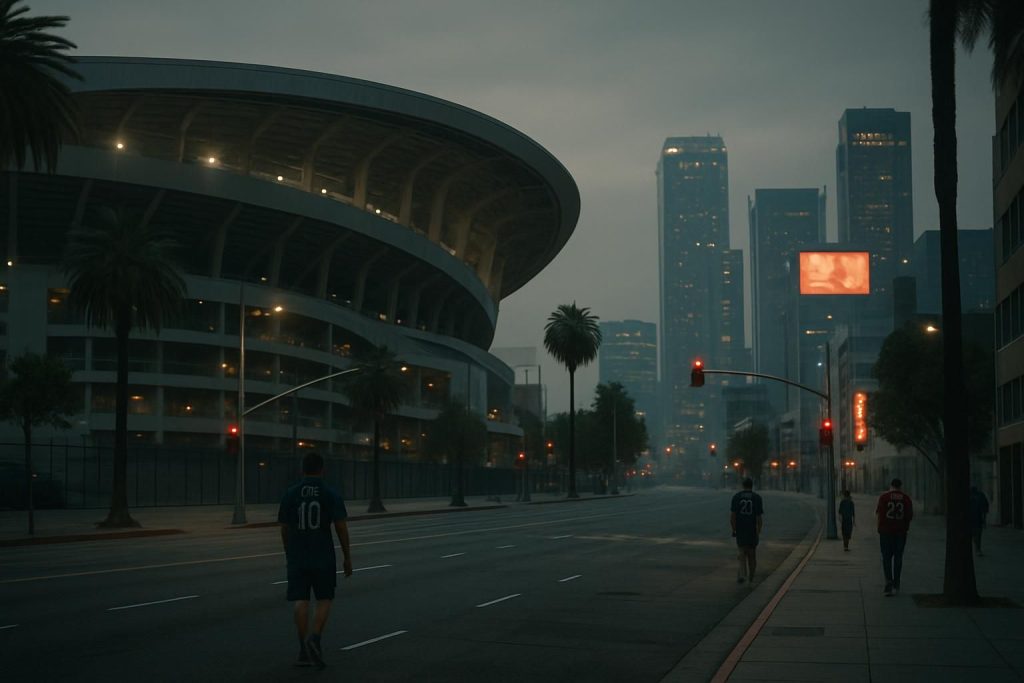 découvrez l'atmosphère feutrée de los angeles avec des rues désertes autour du stade et seulement quelques maillots aperçus en ville, reflétant une ambiance unique.