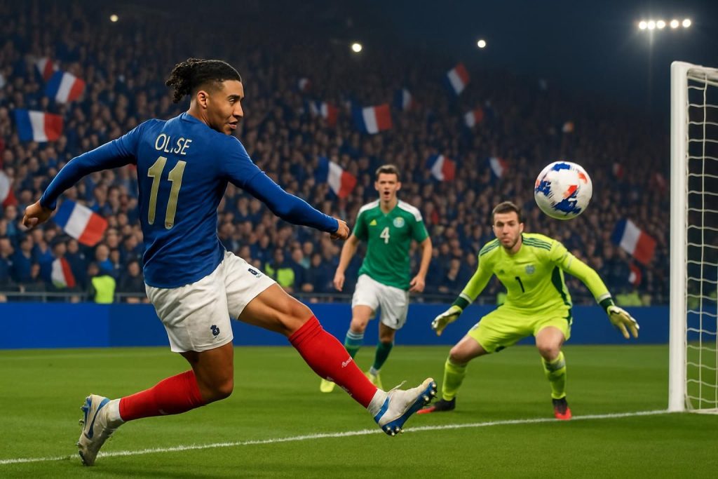découvrez la vidéo spectaculaire de michael olise signant son premier triplé en équipe de france, incluant une frappe imparable face à l’irlande du nord.
