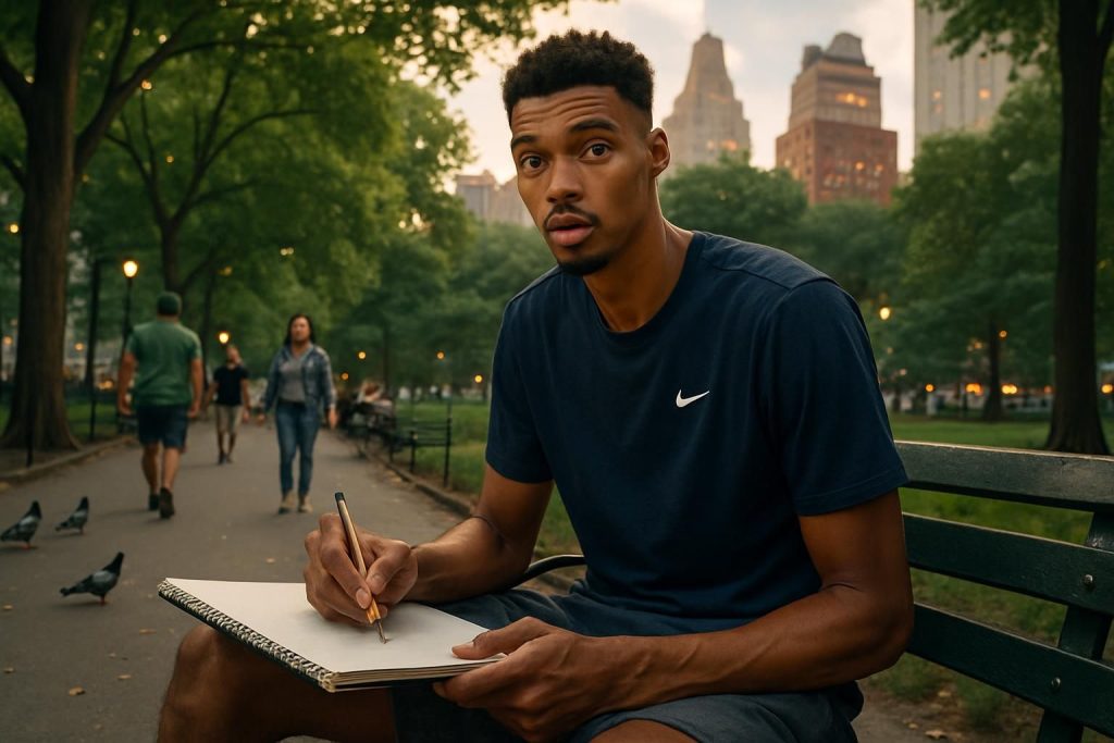 découvrez victor wembanyama surpris en pleine séance de dessin dans un parc de new york, juste avant le troisième match décisif de la finale nba.