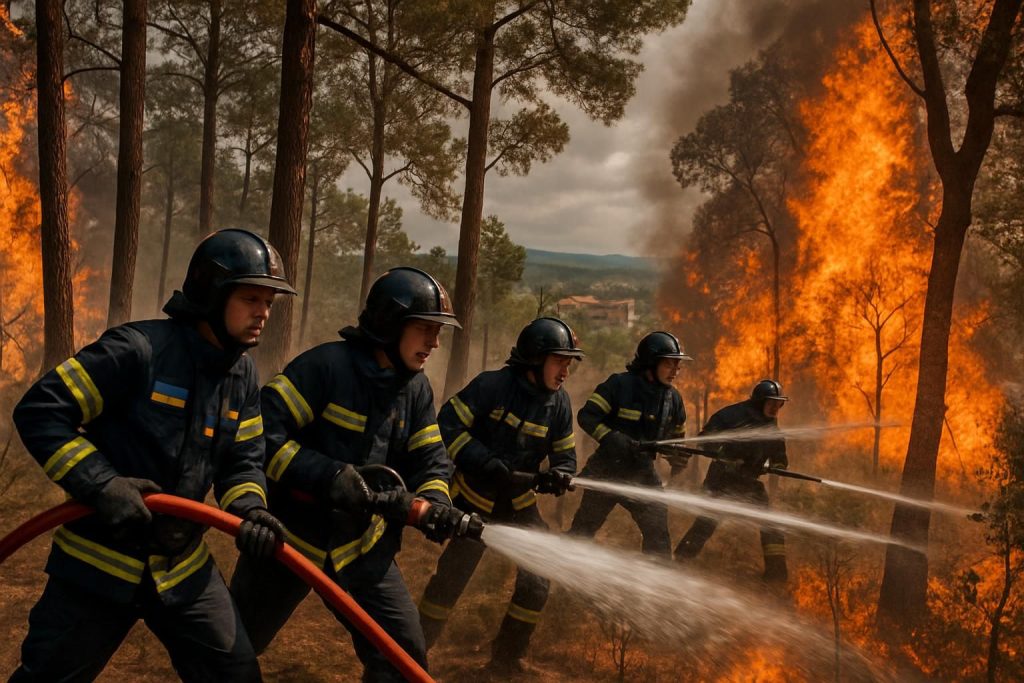 des pompiers ukrainiens mobilisés en gironde pour lutter contre les incendies, illustrant la solidarité internationale face aux enjeux géopolitiques actuels.