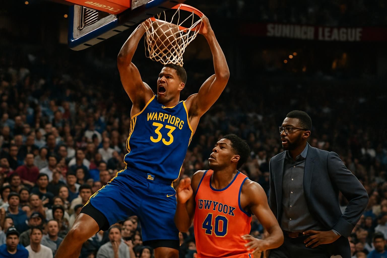 les golden state warriors s'imposent face aux new york knicks et pacôme dadiet lors de la summer league nba, montrant une performance impressionnante et dominatrice.