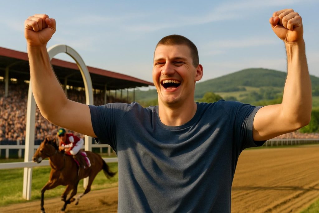 nikola jokic célèbre avec enthousiasme la victoire éclatante de son cheval lors d'une course spectaculaire en serbie, montrant sa passion pour l'équitation et le sport équestre.