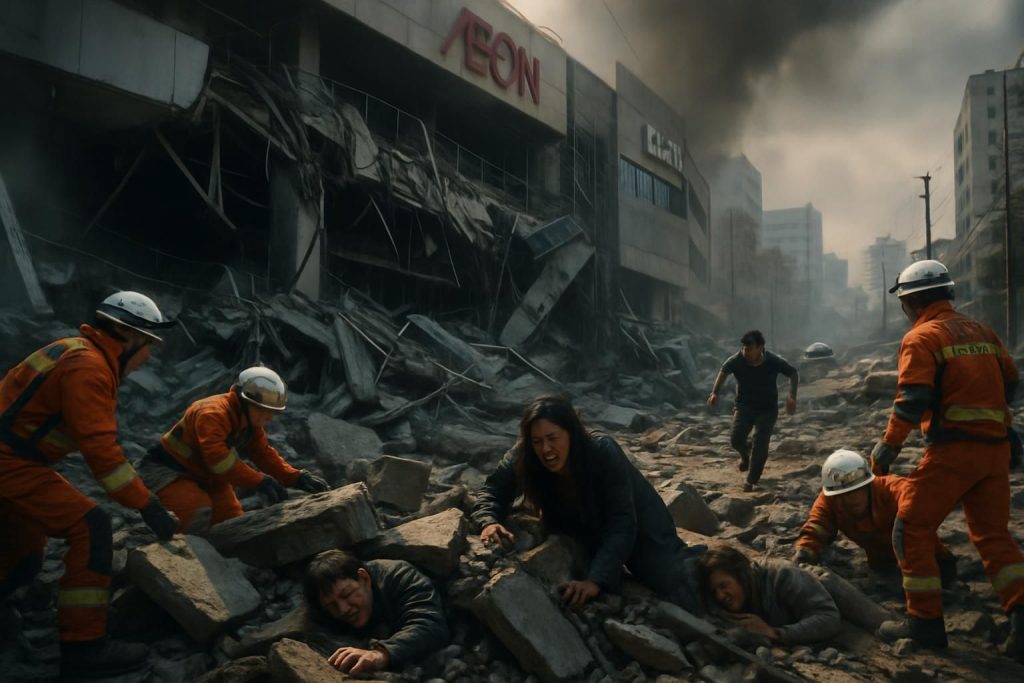 un séisme majeur au japon a provoqué l'effondrement d'un centre commercial, laissant plusieurs personnes probablement ensevelies sous les décombres. les opérations de secours sont en cours.