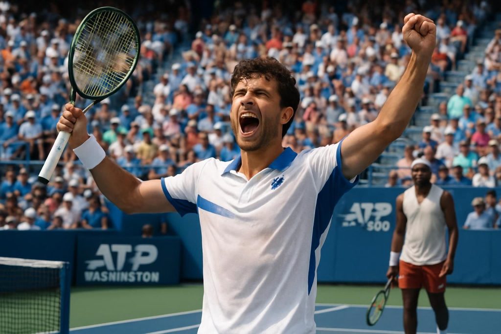 térence atmane s'impose contre frances tiafoe et décroche sa qualification pour le deuxième tour de l'atp 500 de washington.