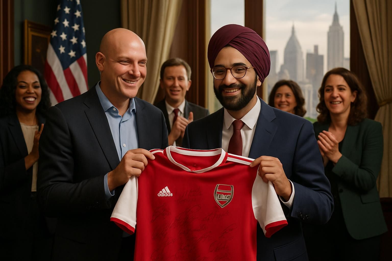 zohran mamdani, maire de new york, reçoit un maillot d'arsenal dédicacé par pascal cygan, offert par « l'équipe » en signe d'amitié et de passion pour le football.