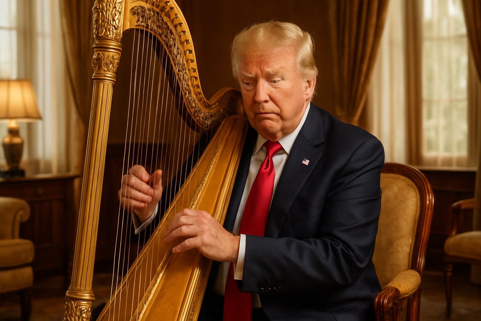 découvrez donald trump dans une nouvelle facette insolite en s'essayant à la harpe aux états-unis, un moment inattendu et surprenant.