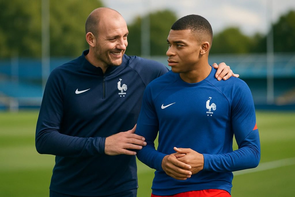 mathieu bodmer encourage kylian mbappé en lui assurant qu'il n'a pas à s'inquiéter pour l'équipe, exprimant son plaisir de le rassurer.