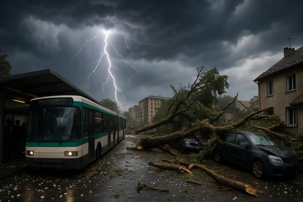 orages violents en île-de-france et dans l’est provoquant arbres déracinés, perturbations des transports et grêle endommageant les pare-brise.