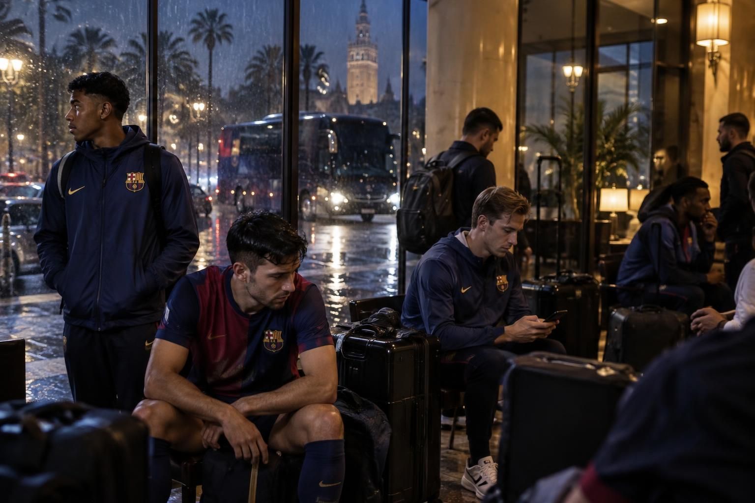 après leur victoire face au real betis, les joueurs du barça restent bloqués à séville pour la nuit en raison des intempéries.
