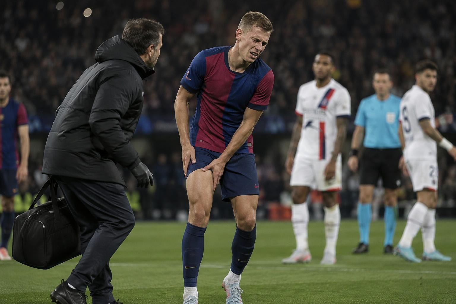 Dani Olmo blessé à l’adducteur gauche contre le PSG : un mois d’absence et le Clasico manqué