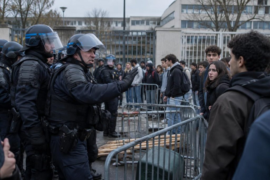 alors que des lycées sont bloqués, la tension monte et des policiers perdent leur sang-froid face à une situation de plus en plus tendue.