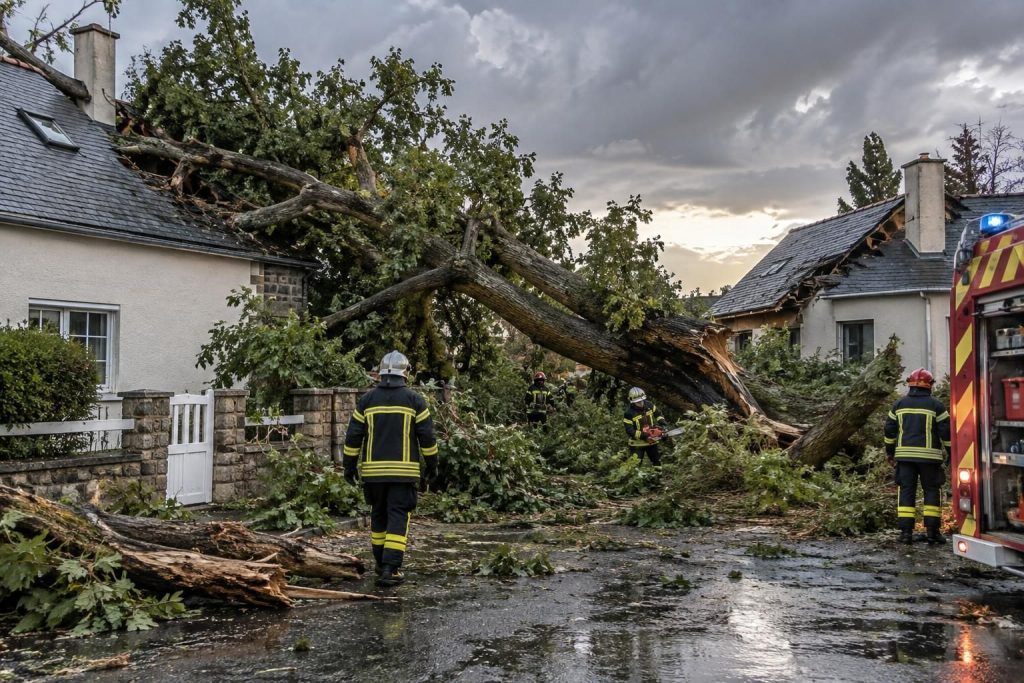 dans le maine-et-loire, la foudre a frappé un arbre qui s’est abattu sur deux maisons. les pompiers sont intervenus.