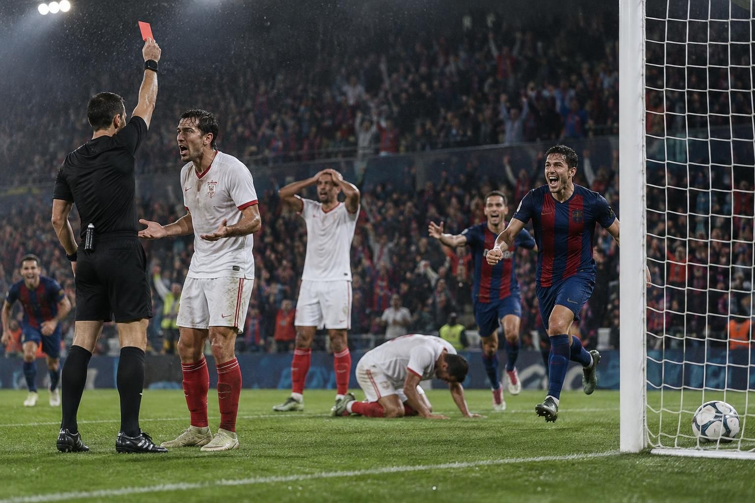 levante et séville se quittent sur un match spectaculaire marqué par une pluie de buts, trois réalisations dans le temps additionnel et une expulsion.